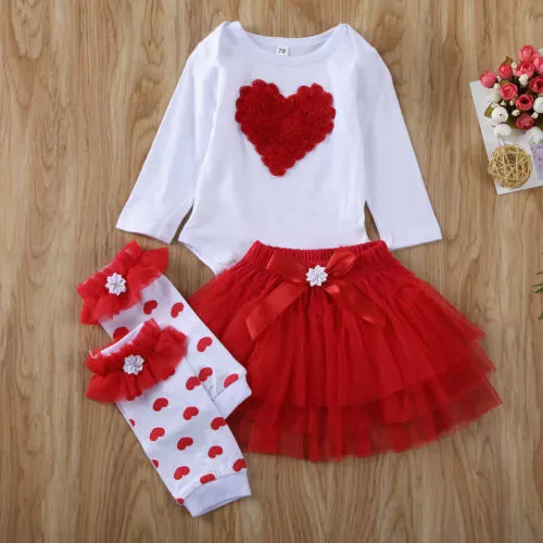 4 Pcs Baby Girl Skirt Suits, Long Sleeve Romper + Skirt + Leg Warmers Sets