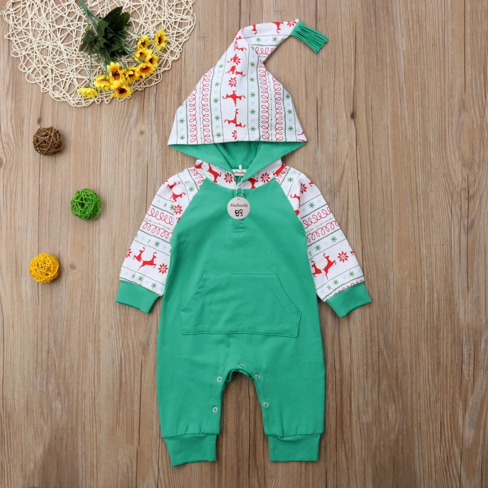 Baby Xmas Romper, Festive Printed Long Sleeve Hoodie Jumpsuit