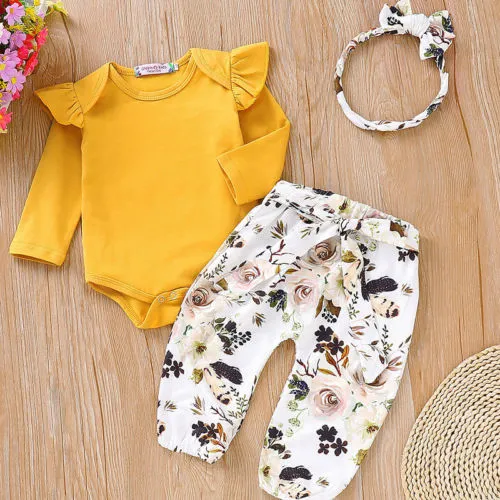 Newborn Baby Girl Long-Sleeved Romper + Floral Pants + Headband