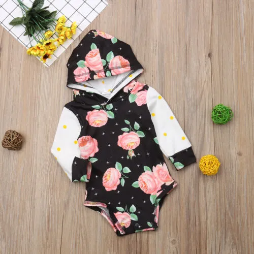 Newborn Girls Romper, Long Sleeve Floral Patchwork Hooded Bodysuit