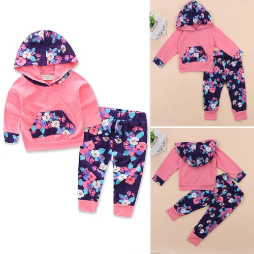 Toddler Baby Girl Long Sleeve Hoodie Sweatshirt+ Floral Long Pants