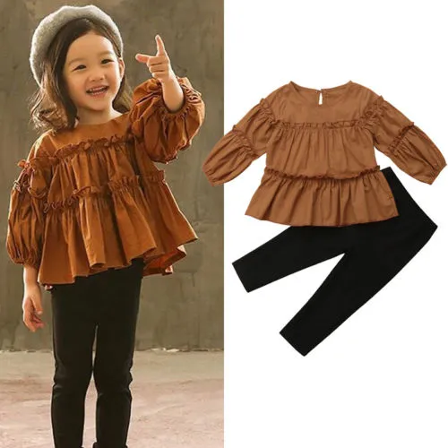 Baby Girls Autumn Clothes Set Long Sleeve Solid Color Ruffle Tops + Leggings