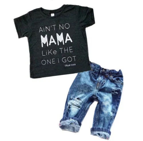 Boys 2Pcs Outfits, Letter Print T-shirt Tops + Ripped Long Jeans Set