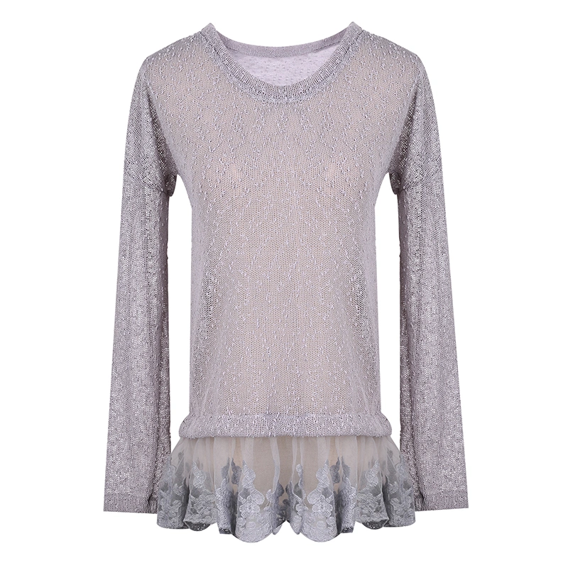 Women’s Thin Knitted Sweater Long Sleeve Mesh Embroidery Pullover