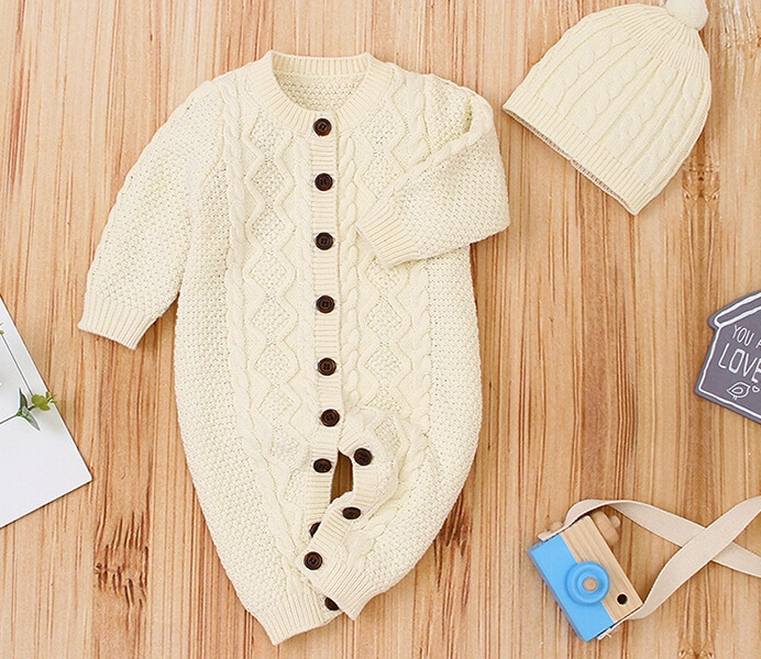 Newborn Baby Unisex Winter Romper, Boys Girls Solid Knitted Sweater Jumpsuit+Hat