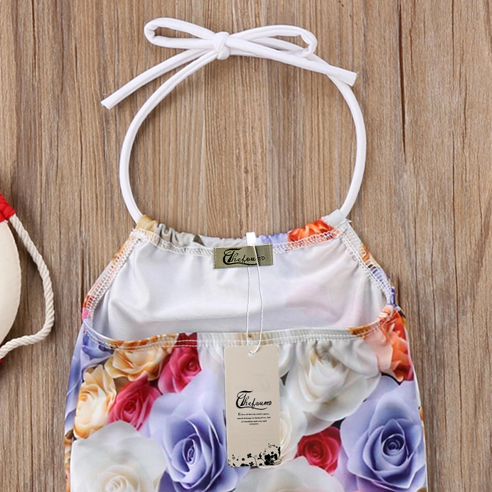 Toddler Baby Girls Swimsuit Rose Flower Print Halter Bandage Bikini Set