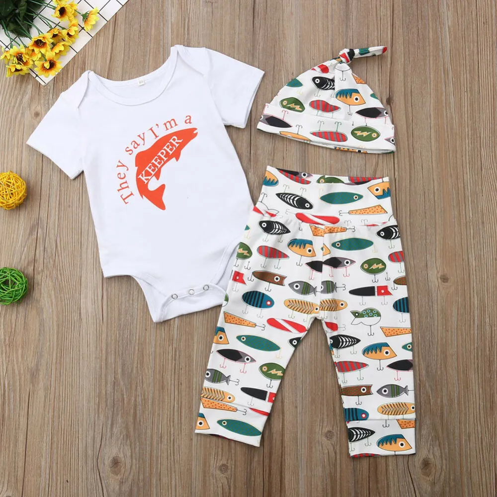 Boys' Fish Printed Short Sleeve Romper, Printed Long Pants and Hat