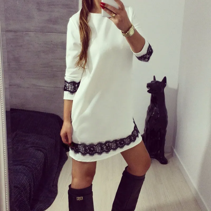 Women Dress Solid Color Lace Round Neck Long Sleeve Loose Dress