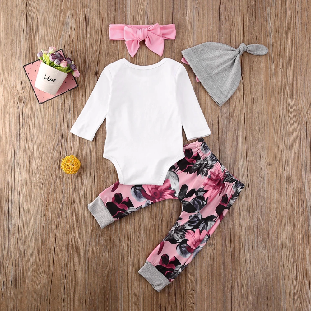 Baby Girl Clothes Set Long Sleeve Letter Romper Floral Long Pants Hat Headband