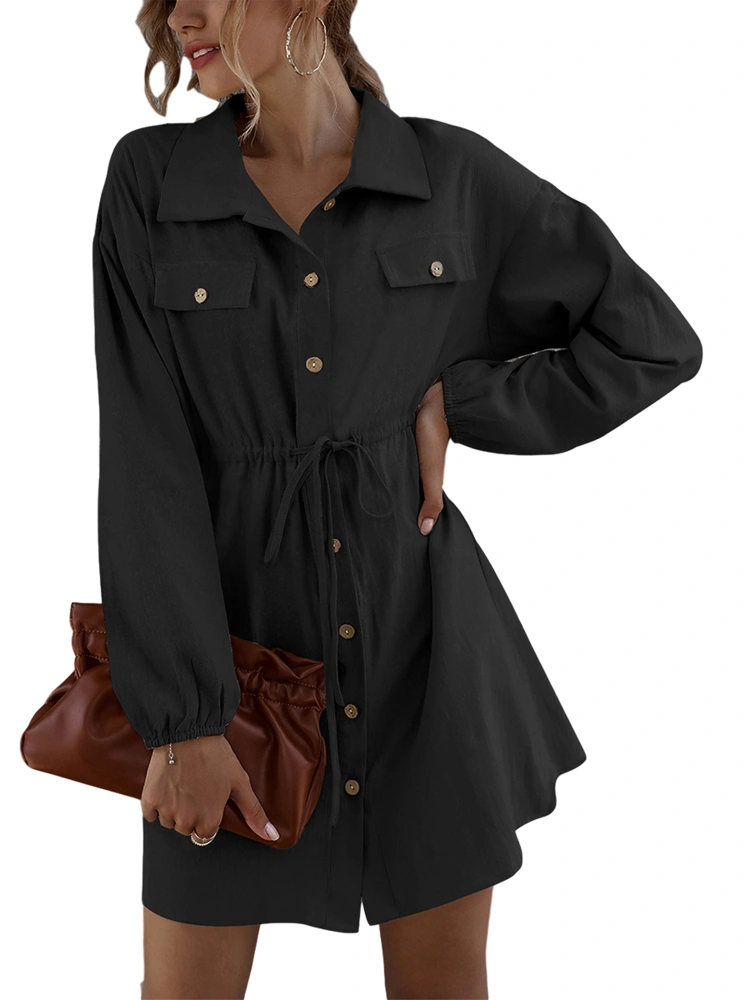 Women's Button Shirt Dress Solid Color Long Sleeve Lapel Neck Dress