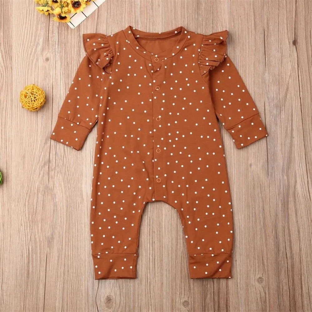 Baby Romper Polka Dot Printed Button-Down Long Sleeve Round Neck Jumpsuit