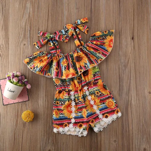 Baby Girl Sling Ruffles Romper, Sunflower Print Casual Short Jumpsuit