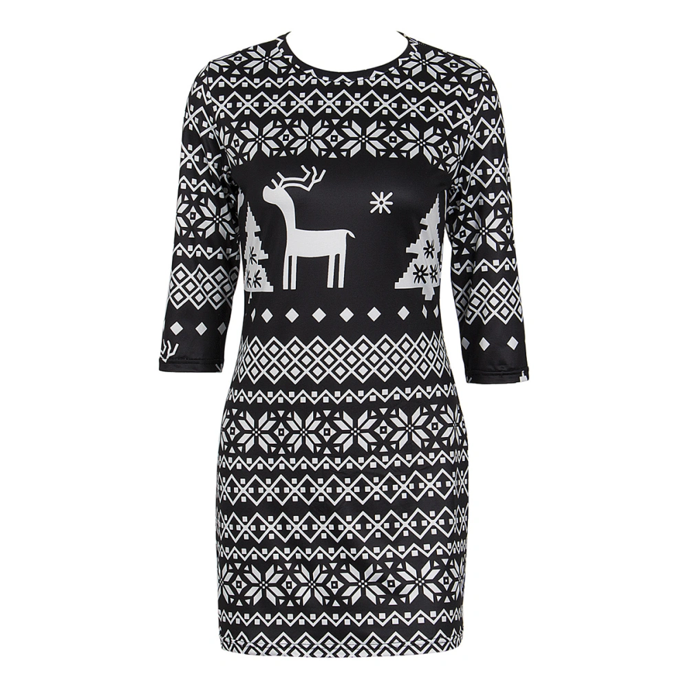 Women's 3/4 Sleeve O-Neck Dress, Christmas Pattern Printed Dress