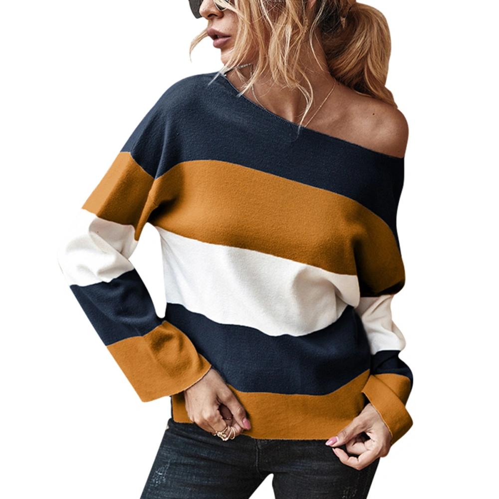 Women Off Shoulder Pullovers Long Sleeve Loose Color Block Sweater