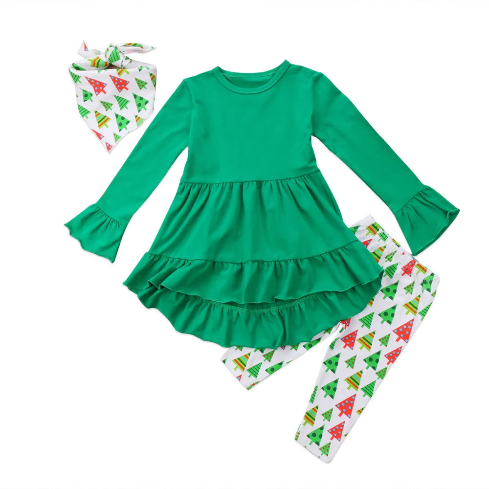 Girls Christmas Clothes Set Long Flare Sleeve Ruffles Tops+Leggings+Headband