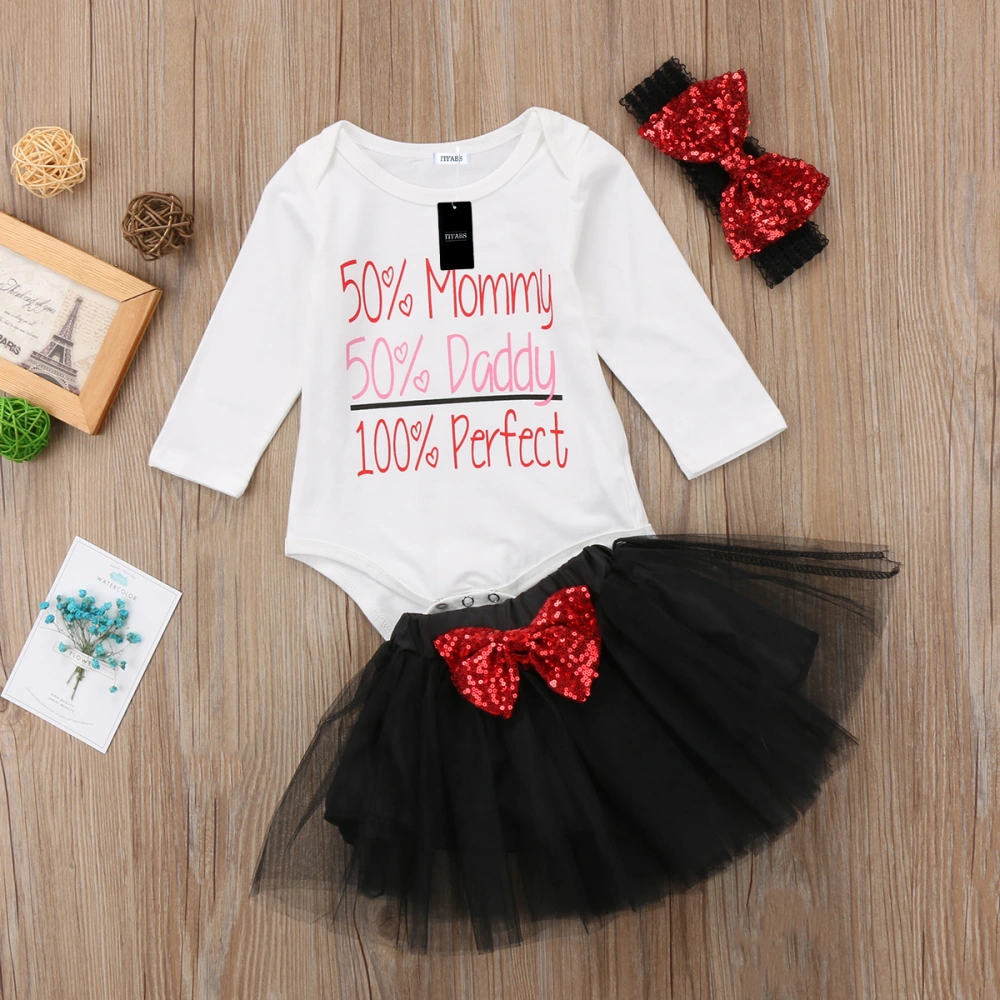 Baby Girl's White Long Sleeve Letter Print Romper + Black Mesh Skirt + Headband