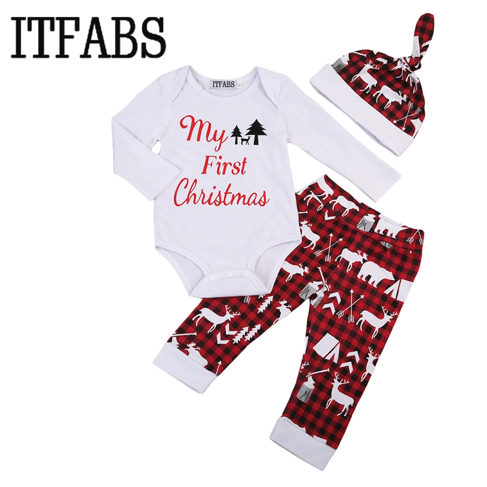 Girls Boys Outfits, Long Sleeve Romper + Pants + Hat, 3Pcs Christmas Sets