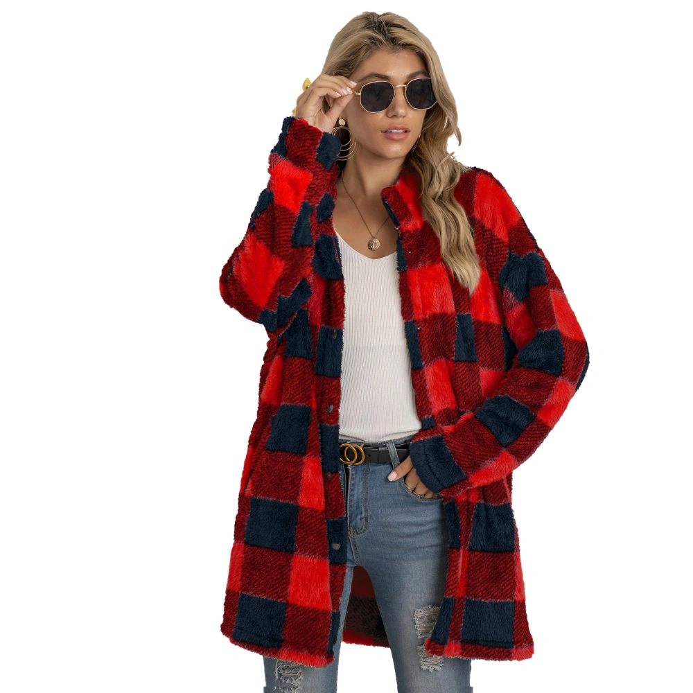 Women’s Color Contrast Plaid Single-breasted Long-sleeved Mid-length Coat