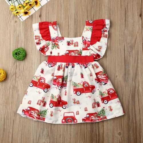 Baby Girl's Flying Sleeve Dress Xmas Car Gift Print Sleeveless Princess Dress