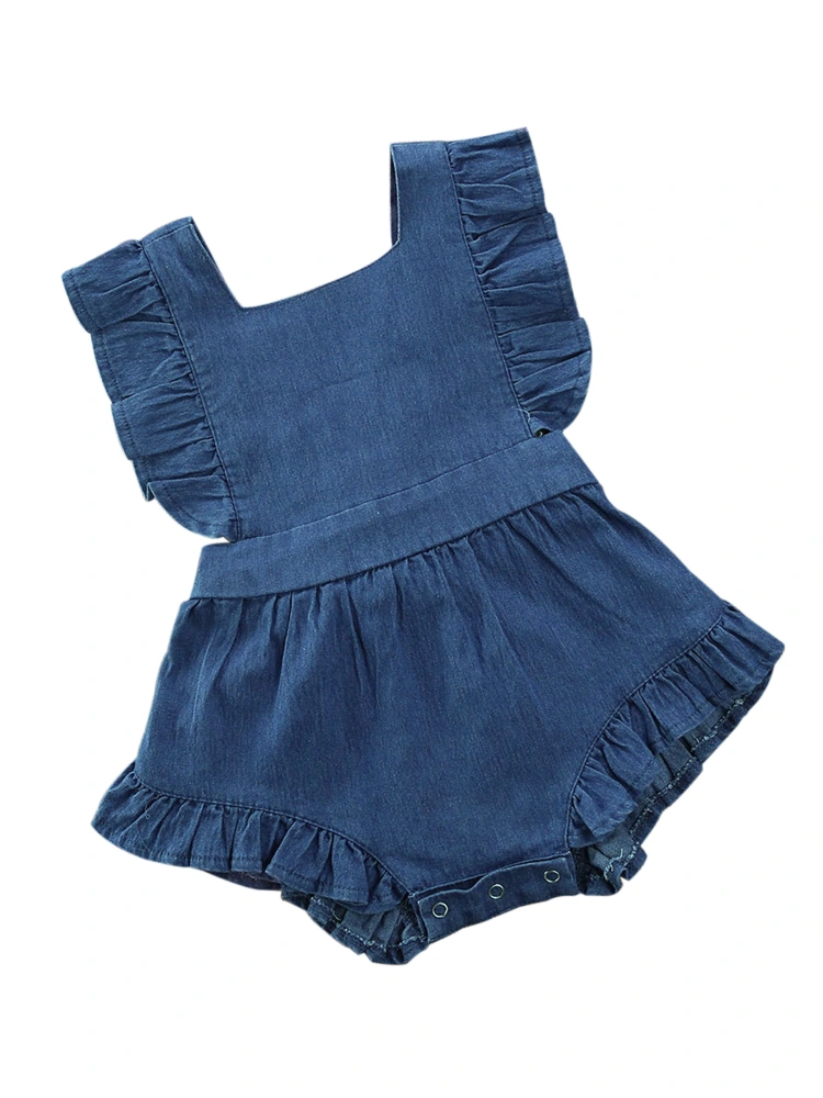 Baby Girls Summer Romper, Square Neck Short Jumpsuit with Ruffle Decoration