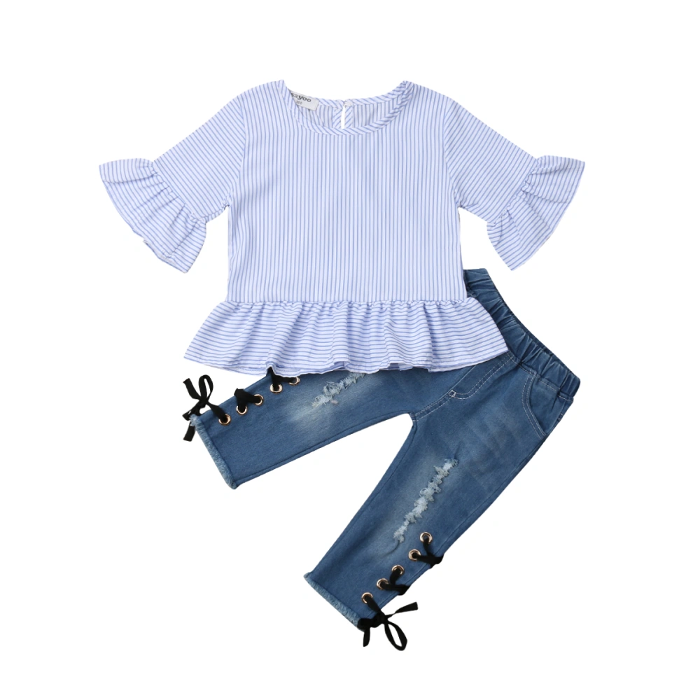 Baby Girl's Half Sleeve Blue Stripe Ruffle Blouse + Ripped Denim Pants