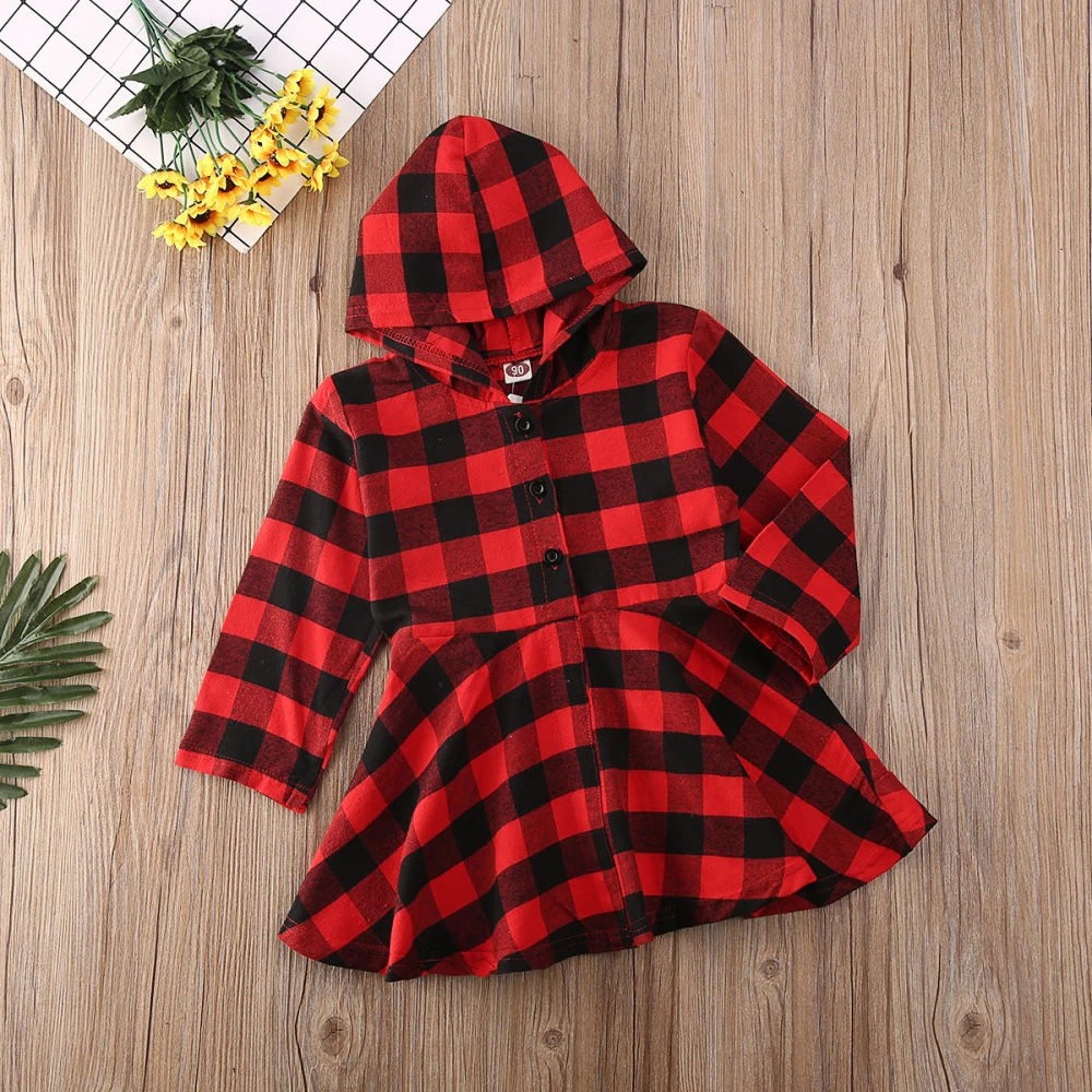 Toddler Kids Girl Plaid Dress Long Sleeve Buttons Autumn Hooded Dress