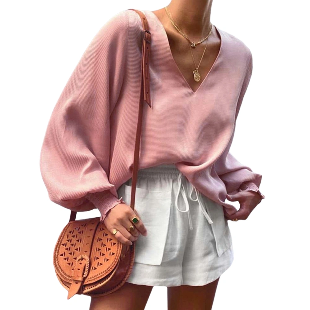 Women Fashion Long Sleeve V-neck Top Lantern Sleeve Solid Color Loose Top