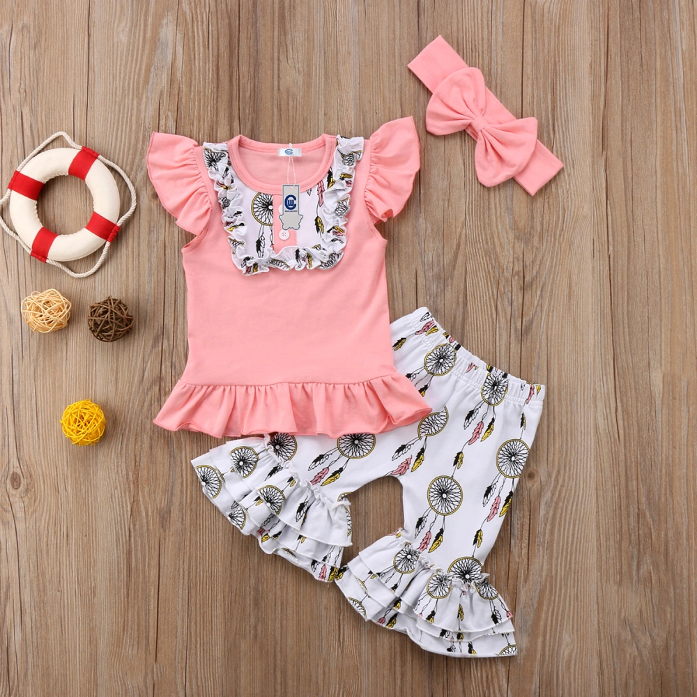 Girl 3Pcs Clothes Set, Ruffle Sleeve Tops + Flare Pants + Headband