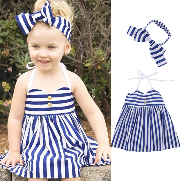 Baby Girls Summer Clothes Set Sleeveless Halter Stripe Dress+Bow Headband