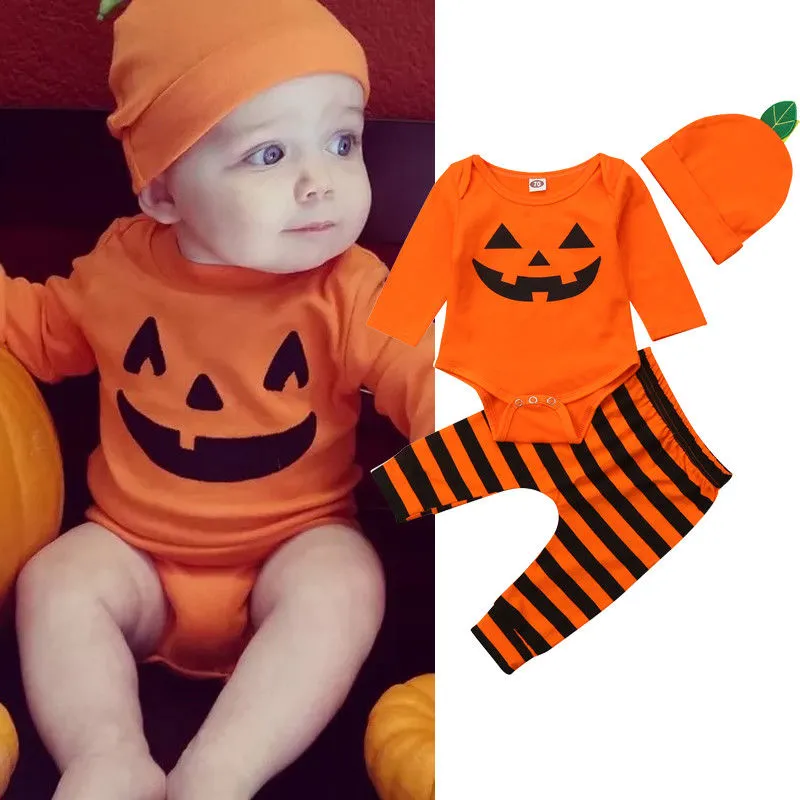 Infant Warm Halloween Clothes Set, Print Romper+Striped Pants+Cute Hat