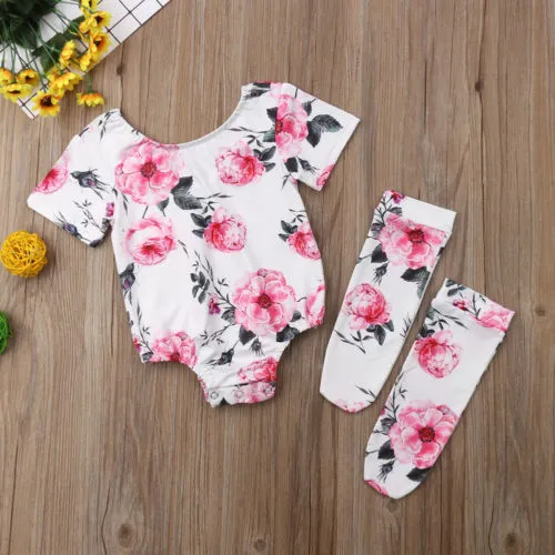 2Pcs Baby Summer Outfits, Floral Print O-Neck Short-Sleeves Rompers + Stockings