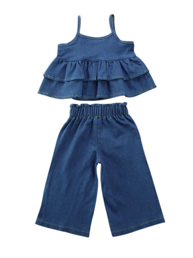 Girl Denim Outfits, Sleeveless Ruffled Camisole + High Waist Wide Leg Pants