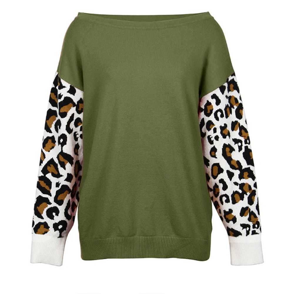 Women’s Round Neck Solid Color with Leopard Print Sleeve Top