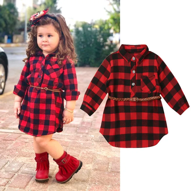 Baby Girl Clothes Long Sleeve Plaid T-Shirt Blouse Dress + Twist Belt