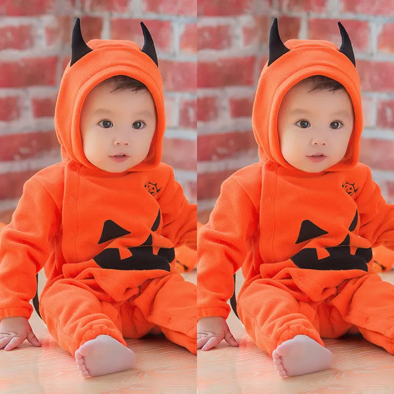 Newborn Baby Bodysuit, Halloween Pumpkin Long Sleeve Hooded Jumpsuit