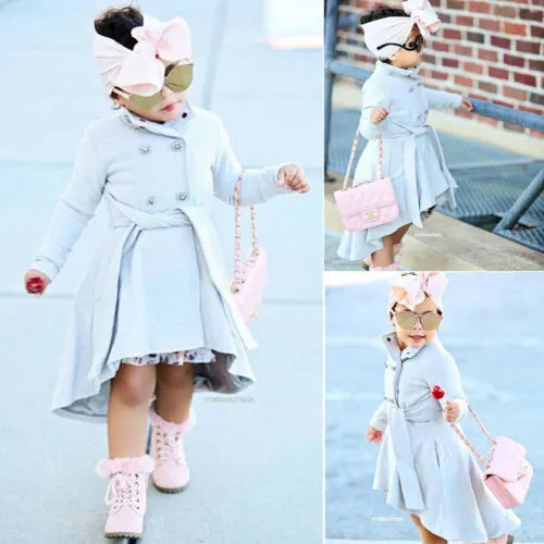 Girl's Solid Color One-piece Coat, Long Sleeve Bow Lace-up Button Windbreaker