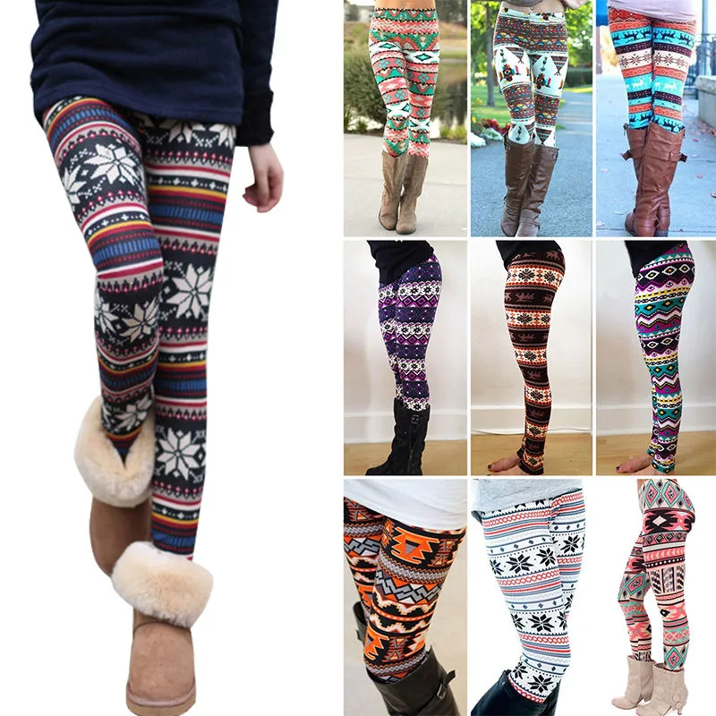 Women's Winter Colorful Floral Pattern Retro Knitted Leggings Pants