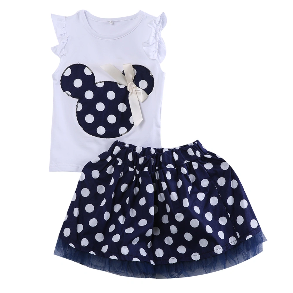 Little Girls 2PCS Outfit Set, Ruffle Round Neck Cute Top, Short Dot Lace Skirt