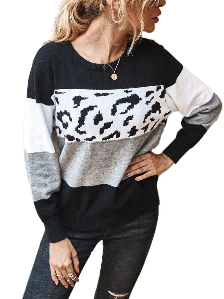 Women Spring Sweater, Leopard Color Block Long Sleeve Knitted Sweater