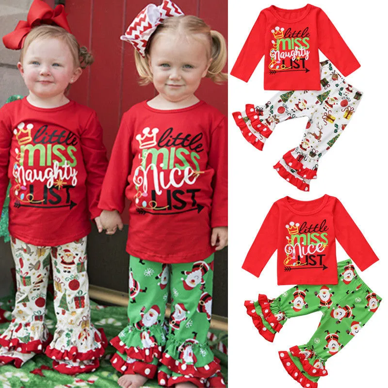 Children Christmas Outfits, Letter Print Pullover + Printed Bell-Bottomed Pants