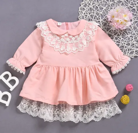 Girl's Autumn Pink Long Sleeve Peter Pan Collar Lace Ruffle Dress