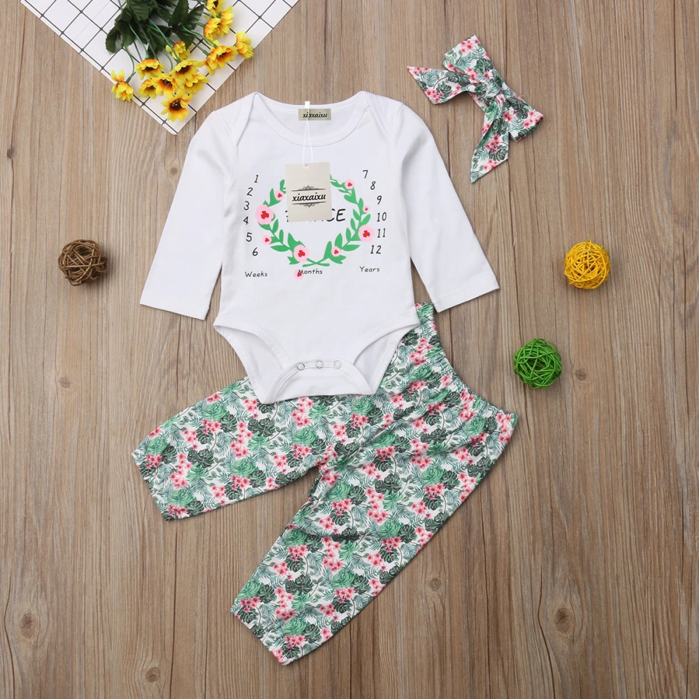 Baby 3PCS Outfit Set Garland & Numbers Top, Long Floral Pant, Bow Hairband Set