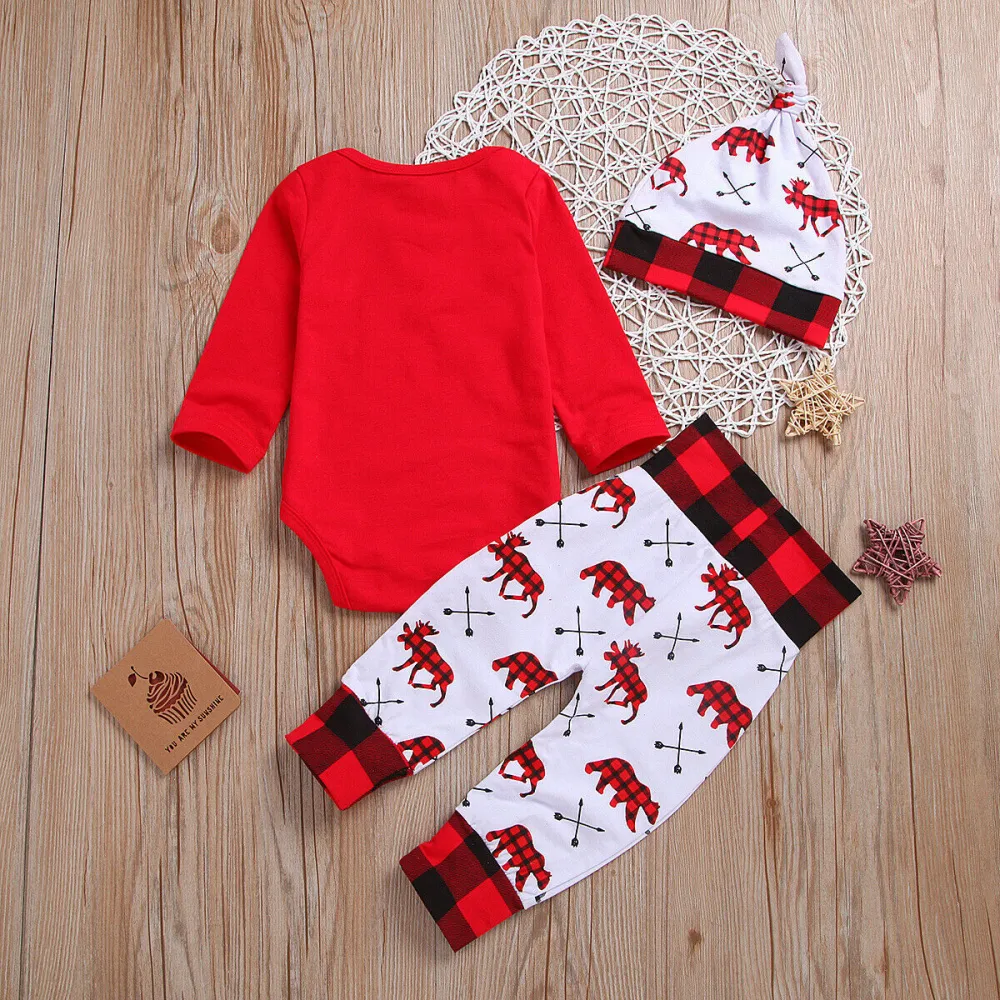 Baby Xmas 3PCS Outfit Set, Long Sleeve Letter Romper, Animals Pants, Beanie Hat