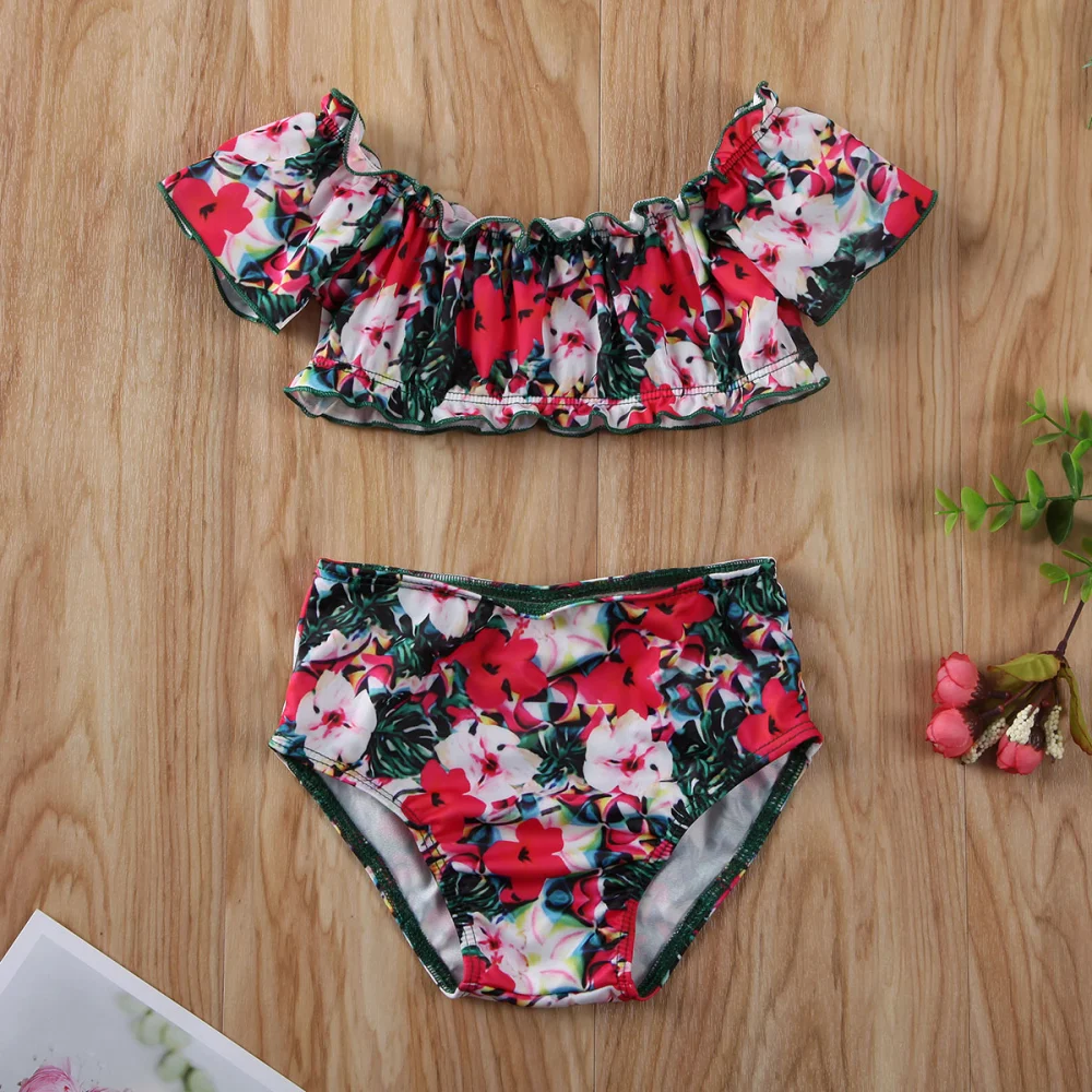 Toddler Girl Swim Wear Suits, Flower Printed Tops+Shorts One-Piece Swimwear Sets