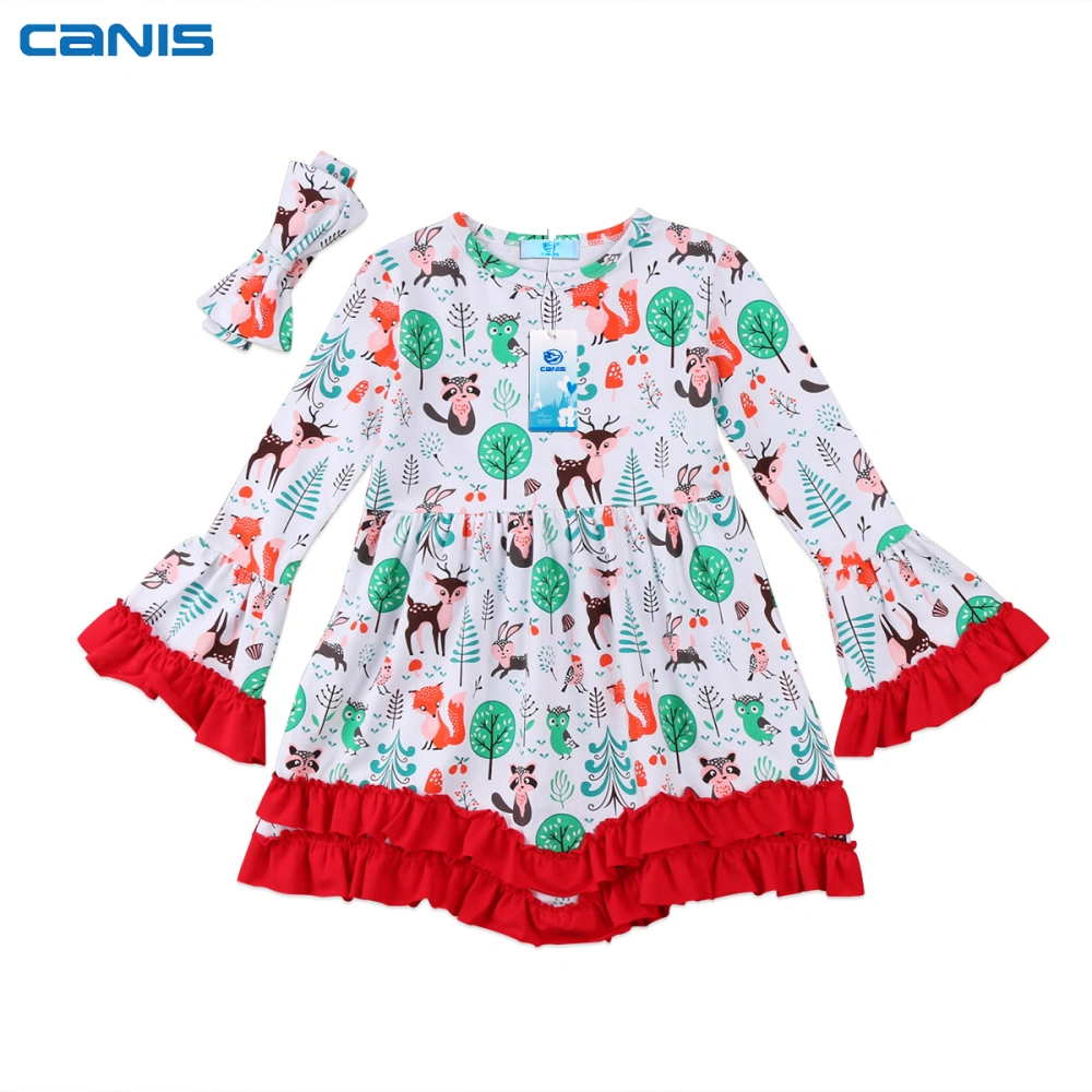 Girl 2 Pieces Christmas Outfit, Flare Sleeve Print Dress + Headband