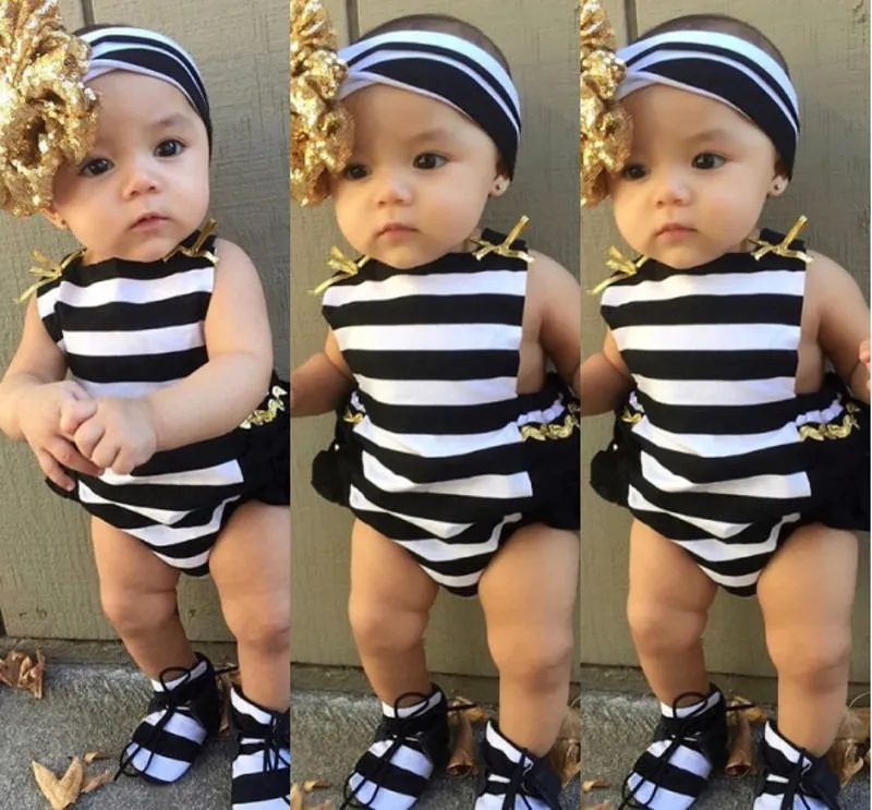 Newborn Baby Girls Romper, Stripe Patchwork Halter Jumpsuit+Sequin Bow Headband