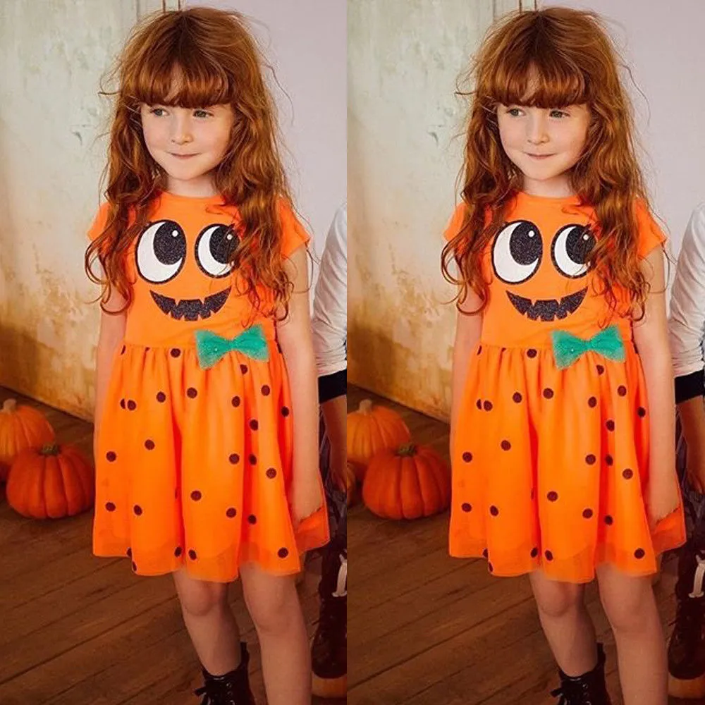 Toddler Kids Summer Dress, Girls Halloween Pumpkin Printed Bowknot Dress