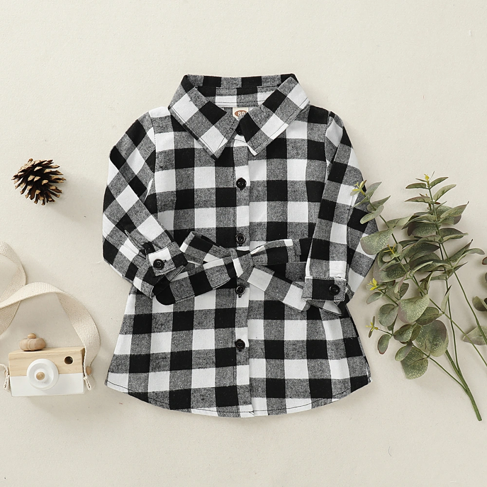 Girl's Autumn Long Sleeve Turn Down Collar Plaid Dress with Belt