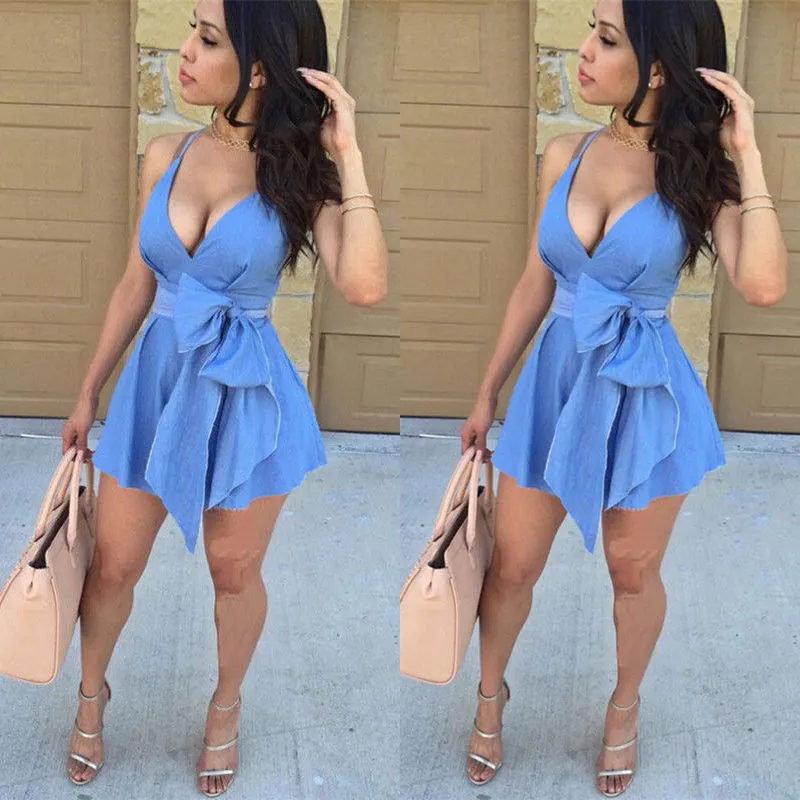 Women Summer Sleeveless Denim Dress Deep V Neck High Waist Lace-up Sundress