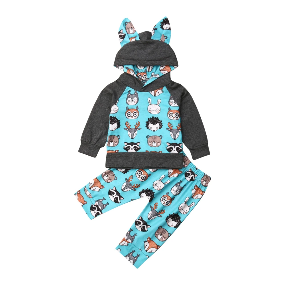 Newborn's Cartoon Animal Print Ears Hooded Sweatshirt with Long Pants